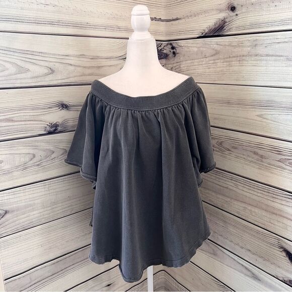 Free People Grey Oversized Off Shoulder Raw Edge Sweatshirt Top - Picture 7 of 14